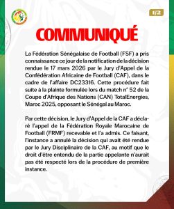 Communiqué officiel de la Fédération sénégalaise de football réagissant à la décision de la CAF sur la finale Sénégal-Maroc de la CAN 2025.
