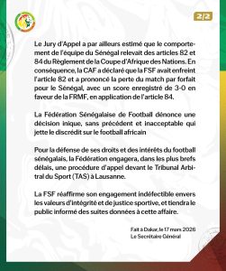 Suite du communiqué de la Fédération sénégalaise dénonçant la décision de la CAF et annonçant un recours devant le TAS.