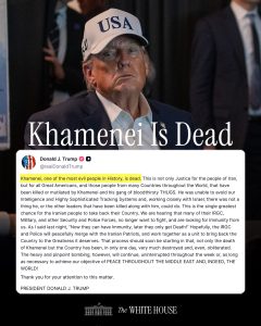 Donald Trump réagit publiquement après l’annonce de la mort du guide suprême iranien Ali Khamenei à la suite de frappes américano-israéliennes.