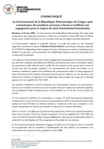 Communiqué officiel du ministère de la Communication de la RDC annonçant l’ouverture d’une enquête après les explosions survenues à Goma le 11 mars 2026.