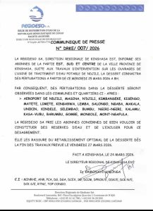 Communiqué officiel de la REGIDESO annonçant des perturbations de la distribution d’eau à Kinshasa du 25 au 27 mars 2026