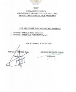 Communiqué officiel du Sénat de la République démocratique du Congo annonçant la liste provisoire des candidats au poste de deuxième vice-président.