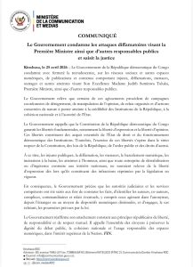 Communiqué officiel du Gouvernement de la République démocratique du Congo condamnant les attaques diffamatoires et les insultes en ligne visant la Première ministre Judith Suminwa Tuluka et annonçant la saisine de la justice.