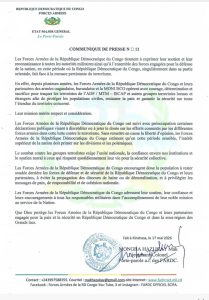 Communiqué officiel des FARDC appelant à l’unité nationale et au soutien des forces armées engagées contre le terrorisme dans l’Est de la RDC.