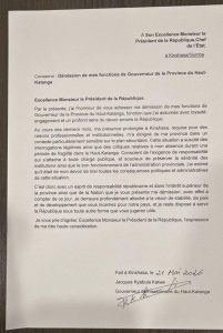 Communiqué de démission du gouverneur du Haut-Katanga Jacques Kyabula adressé au Président Félix Tshisekedi à Kinshasa.