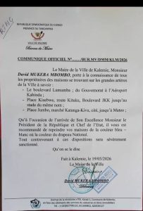 Communiqué du maire de Kalemie demandant aux propriétaires de repeindre leurs maisons avant la visite du Président Félix Tshisekedi.
