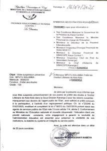 Communiqué officiel du sous-Proved de l’EDU-NC Kananga II annonçant la suspension du préfet de l’Institut littéraire de Kelekele, Élie Mputu Kalumba, dit « Kayeke », au Kasaï-Central.