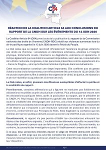 Deuxième page du communiqué de la Coalition Article 64 (C64) présentant les conclusions de sa déclaration et les signatures des principaux responsables de l’opposition, dont Martin Fayulu, Moïse Katumbi, Jean-Marc Kabund, Delly Sesanga et Augustin Matata Ponyo.