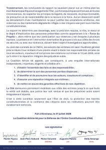 Deuxième page du communiqué de la Coalition Article 64 (C64) présentant ses recommandations, son appel à une enquête internationale indépendante ainsi que les signatures des principaux responsables de la plateforme de l’opposition, notamment Martin Fayulu, Moïse Katumbi, Jean-Marc Kabund, Delly Sesanga et Augustin Matata Ponyo.