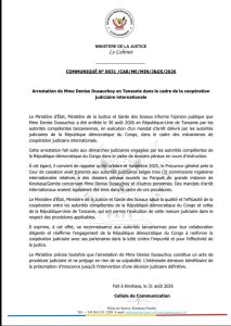 Communiqué du ministère de la Justice confirmant l’arrestation de Denise Dusauchoy en Tanzanie le 30 août 2026.